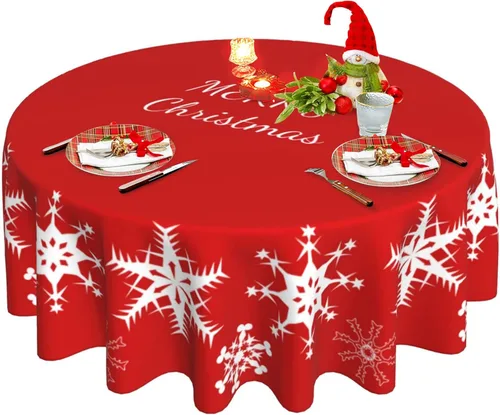 Vista 16 de Mantel redondo de Navidad con diseño de copos de nieve de Navidad para cocina, comedor, decoración de mesa de poliéster lavable para mesa de bufé