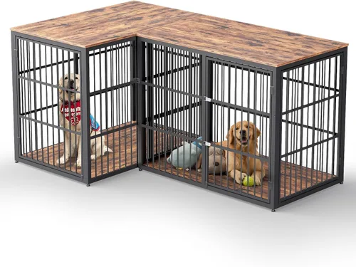 Vista 20 de Lyromix Mueble apilable para perros de 43 pulgadas, para razas grandes con habitaciones dobles, jaula de madera para perros, perrera resistente