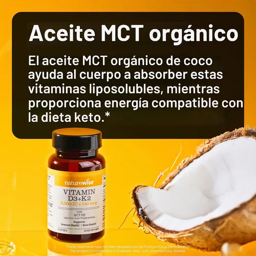 Vista 5 de NatureWise Vitamina vegana D3 + K2 con aceite orgánico de coco MCT – D3 orgánico 5000IU + K2 natural 100mcg – Soporte óseo de alta absorción – Sin