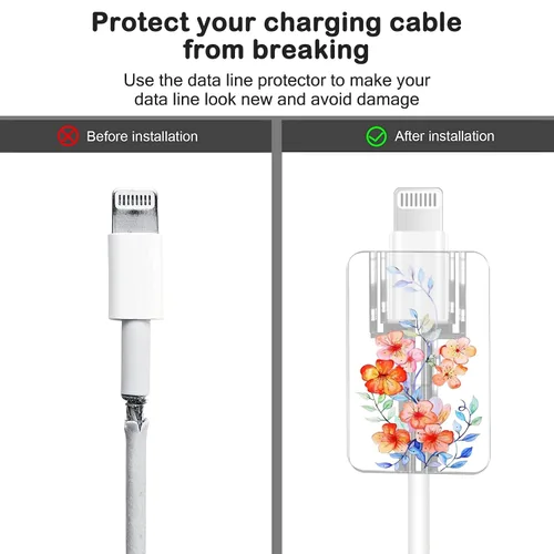 Vista 5 de Bonito protector de cable floral para cargador de iPhone, patrón de lavanda, camelia, girasol, ramo de flores, encaje, cerezo en flor, set de 6