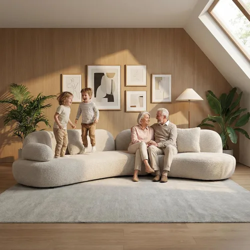 Vista 6 de Moderno sofá modular nórdico curvado para sala de estar, sofá modular beige Boucle de 5 plazas, sofá tapizado de estilo escandinavo sin compresión