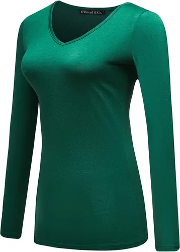 Vista 2 de OThread & Co. Camiseta de manga larga con cuello en V, para mujer, con capa básica, de licra