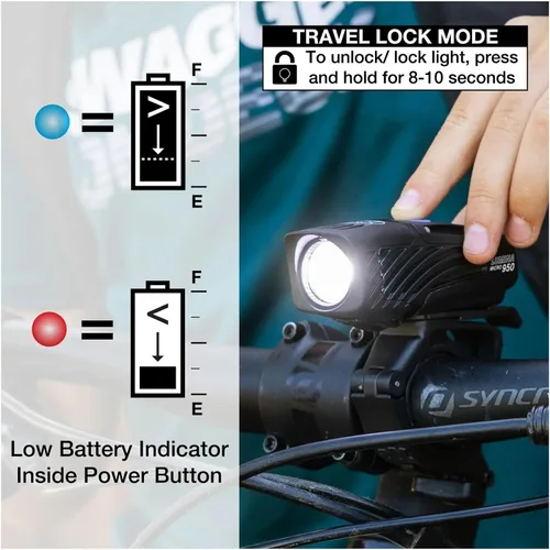Vista 6 de NiteRider Lumina Micro - Luz delantera recargable USB-C de 950 lúmenes – 5 modos de luz LED compacta, IP64 impermeable para ciclismo de carretera