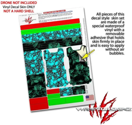 Vista 4 de Skin Wrap 2 Pack para DJI Ryze Tello Drone dispersos calaveras neón verde azulado Drone No Incluidas