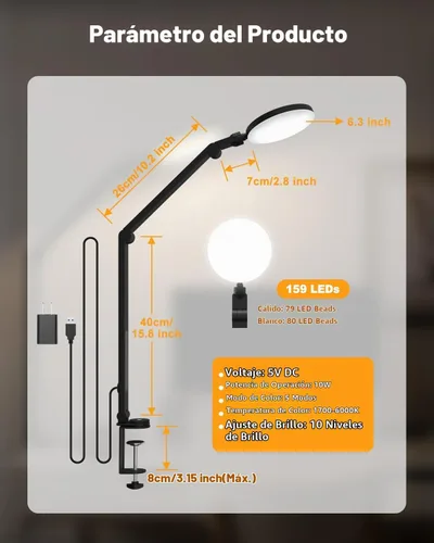 Vista 9 de Lámpara de escritorio LED de 10 W con abrazadera y brazo ajustable para oficina en casa, control táctil, luz de cuidado ocular para lectura con 5