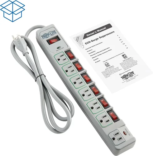 Vista 8 de Barra de contactos protectora de sobretensión de Tripp Lite. 7 tomacorrientes + control de tomacorrientes Valor no encontrado Gris
