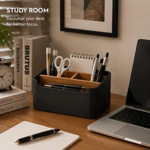 Vista 5 de Organizador de escritorio elegante y soporte para mando a distancia en negro - Mantén tu espacio de trabajo ordenado y organizado, almacenamiento