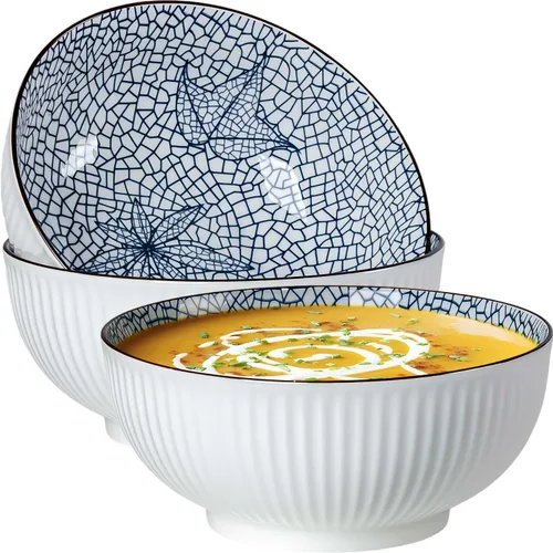 Vista 10 de QINLANG Juego de 3 cuencos grandes de sopa Pho & Ramen, 60 onzas, cuencos grandes de porcelana azul y blanca, patrón a rayas