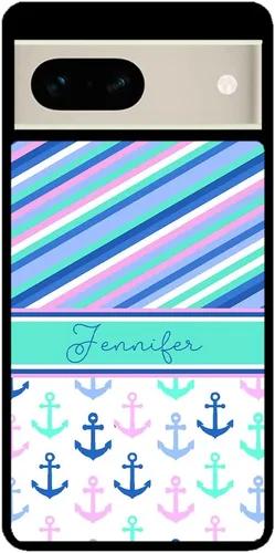 Vista 2 de Nautical Anchors Pin Stripes - Funda de goma negra personalizada para teléfono compatible con Google Pixel 10, 10 Pro, 10 Pro XL, 9a, 9 Pro, Pixel