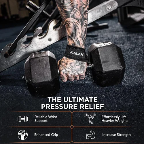 Vista 5 de RDX - Correas de elevación para levantamiento de pesas – Correa de muñeca de gimnasio resistente 100% algodón con acolchado de neopreno de 5 mm