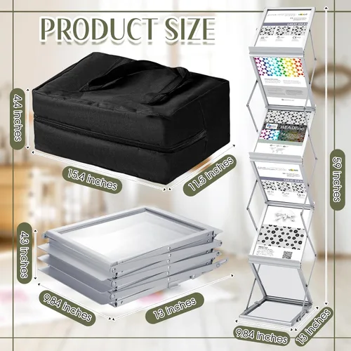Vista 2 de Tatuo Estante plegable para revistas, catálogo de metal, portátil, 6 bolsillos con bolsa de transporte, soporte de aluminio para folletos, soporte