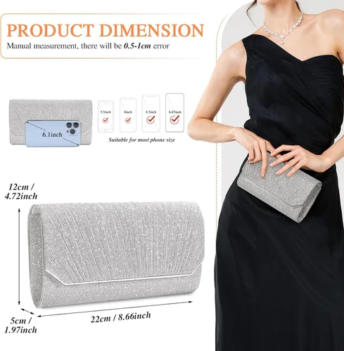 Vista 2 de Bolso de mano de noche plisado para mujer, con purpurina, elegante bolso de hombro pequeño para boda, fiesta, baile de graduación nupcial