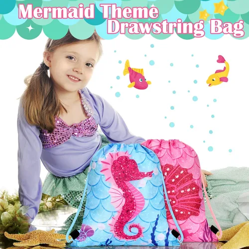 Vista 5 de 16 bolsas de regalo de fiesta de sirena, bolsas de regalo con cordón para fiesta de sirena, bolsas de regalo bajo el mar del océano, bolsas