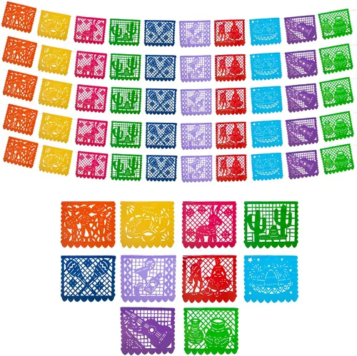 Vista 2 de Pancartas de fiesta mexicana (paquete de 5, 10 diseños de banderas de plástico por bandera) + piñata mexicana (grande de 32 pulgadas), pancarta