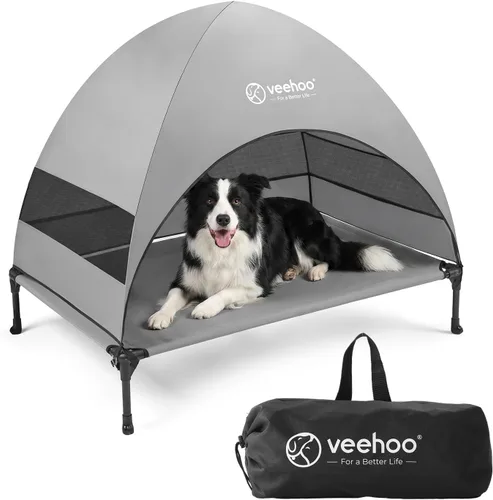 Vista 13 de Veehoo Cama para perros al aire libre con toldo, cama elevada de enfriamiento para perros con sombra extraíble, pies antideslizantes, cama elevada