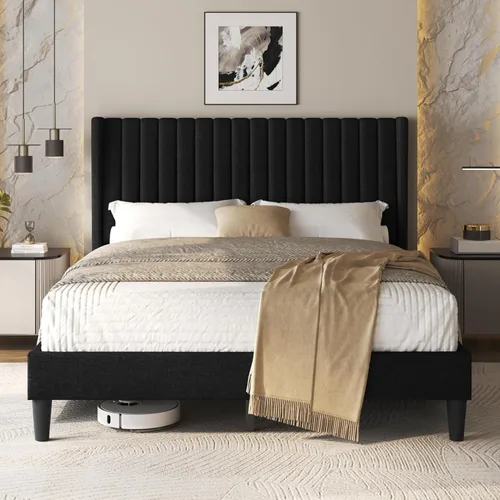 Vista 19 de Yaheetech Base de cama individual tapizada con cabecera de tela, diseño de borde de ala, antideslizante y sin ruido, soporte de listones de madera