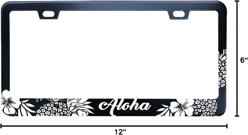Vista 2 de Marco de matrícula de acero inoxidable negro con hibisco aloha y piña de Hawái para hombres/mujeres con 2 tapas de tornillo para vehículos de EE.
