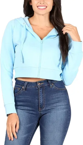 Vista 4 de MixMatchy Women's Solid Fleece Long Sleeve Zip Up Crop Detail Hoodie Jacket