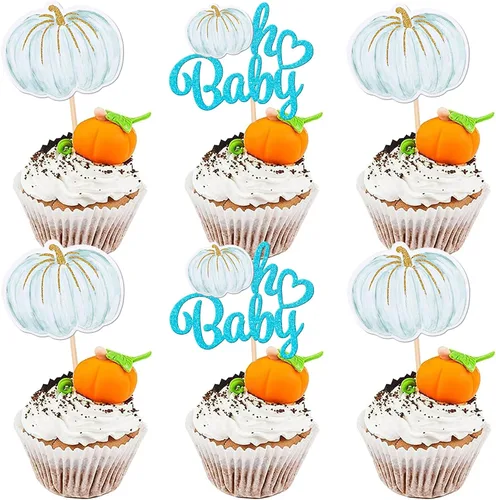 Vista 19 de 24 piezas de decoración de calabaza para cupcakes con purpurina temática de otoño, decoración de pasteles con temática de calabaza, cumpleaños