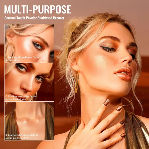 Vista 3 de Oulac Shimmer Bronzer - Maquillaje facial en polvo con espejo, aspecto bronceador natural SunKissed, bronceador crema altamente pigmentado, brillo