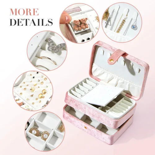 Vista 4 de BUTI4WLD Joyero pequeño de terciopelo para mujeres y niñas, estuche portátil de viaje de doble capa para anillos, colgantes, aretes, collares