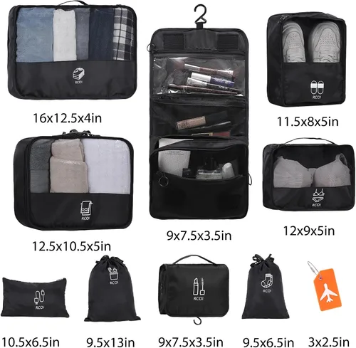 Vista 4 de Cubos de equipaje para maletas de viaje 9 cubos de viaje negros para embalaje, juego de organizadores de equipaje de viaje ligeros
