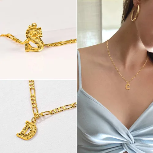 Vista 3 de FOCALOOK Collares de letras iniciales de oro para mujeres y hombres, chapados en oro de 14 quilates, cadena de letras iniciales de la A a la Z, 16