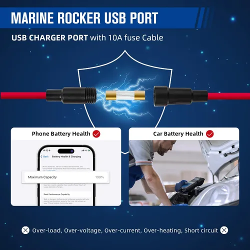 Vista 4 de Anina Cargador USB Dual Estilo Interruptor Basculante de 4.2A con Luz LED Azul, Puerto USB Impermeable con Fusible de 10A para Panel de Interruptor