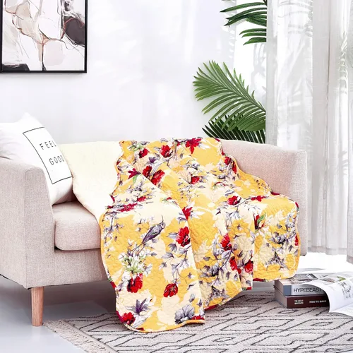 Vista 5 de DaDa Bedding Edredón de regazo floral amarillo, manta acolchada, colibríes, flores rojas de granja para sofá, sofá o cama, bordes festoneados Sol