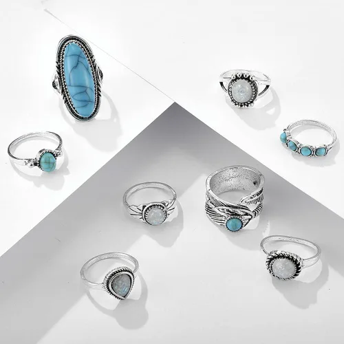 Vista 2 de Juego de 8 anillos de plata bohemia, tallados en nudillos, ovalados, verde, turquesa, ópalo, midi, plata, anillos punk, joyería para mujeres