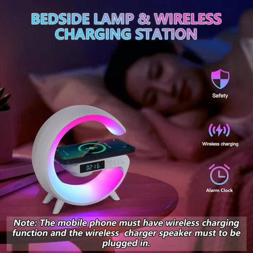 Vista 2 de LeeNabao Nuevo cargador de altavoz inalámbrico, luz de ambiente con función de carga inalámbrica, lámpara de mesa, lámpara de noche con reloj