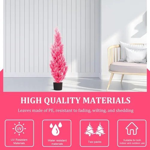Vista 5 de Dos plantas artificiales rosas de 4 pies, árboles artificiales para interiores y exteriores, arbustos artificiales antirrayos ultravioleta, cedro