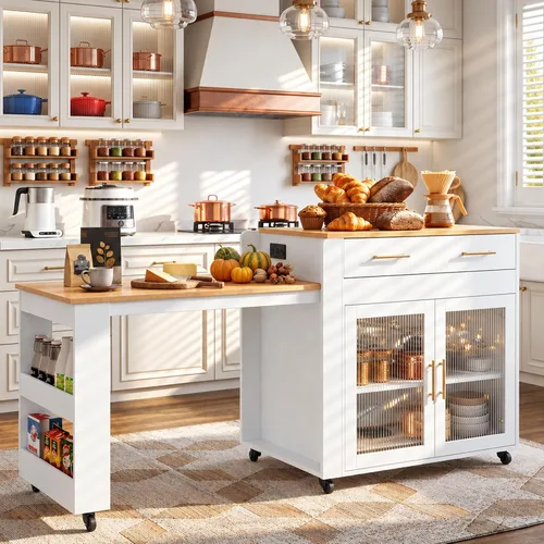 Vista 7 de HLR Isla de cocina extensible de 72 pulgadas con almacenamiento, mesa de isla con ruedas con encimera de grano de mármol y toma de corriente Marrón