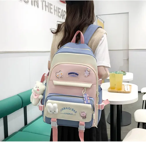 Vista 5 de Juego de 5 mochilas kawaii con colgante de oso y alfileres - Kit de mochila de conejito de anime japonés con diseño de retazos, Azul, Japonés