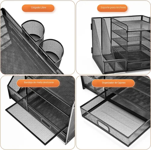 Vista 4 de Marbrasse - Organizador de escritorio con soporte para archivos, organizador de bandejas para papel tamaño carta de 5 niveles con cajón y 2 soportes