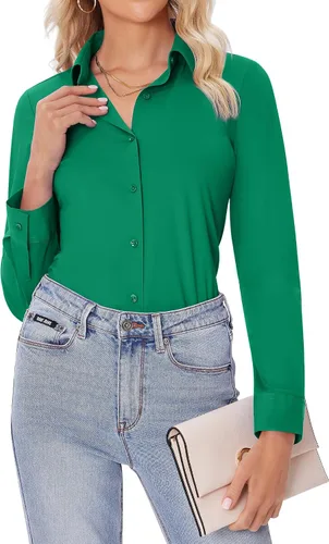 Vista 29 de siliteelon Camisas con botones para mujer, ajustadas, de manga larga, elásticas, de vestir, camisas de trabajo, sin arrugas, blusas de oficina