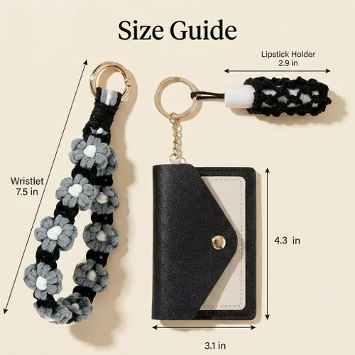 Vista 2 de BIHRTC Cartera llavero de pulsera boho con soporte para lápiz labial, pulsera brazalete hecha a mano Negro Gris