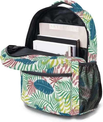 Vista 4 de Mochila escolar de hombro, mochila informal para viajes, deportes al aire libre, para mujeres, niñas, niños y adolescentes, Hoja Hawaiana, Tropical