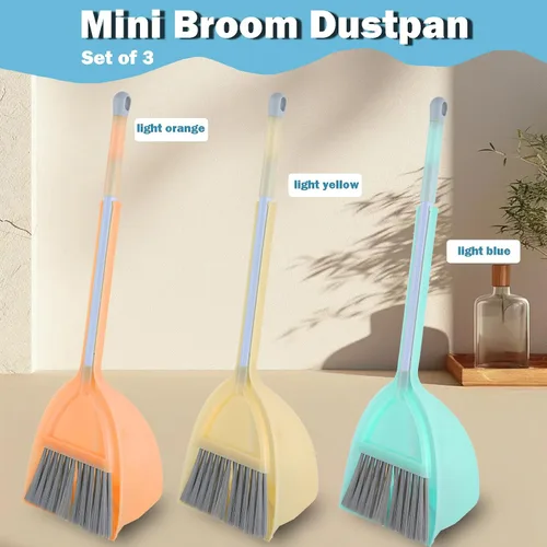 Vista 6 de Mini Escoba con Palita - Pequeño Juego de Limpieza para el Hogar, Ideal para Cocina, Baño, Nido de Mascotas, Barco (Set de 3, Azul+Naranja+Amarillo)