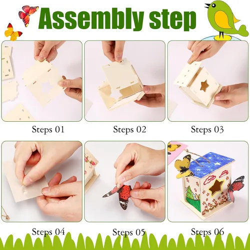 Vista 3 de Outus Kit de 24 piezas de casa de pájaros de madera para que los niños construyan, kit de casa de pájaros de 4 formas de madera sin terminar