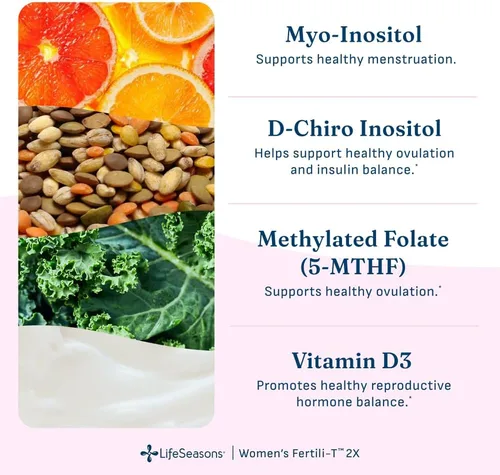 Vista 4 de LifeSeasons Fertili-T 2X Powder - Myo & D-Chiro Inositol (40:1) Suplemento de apoyo ovárico - Mezcla de bebida diaria sin sabor con folato metilado