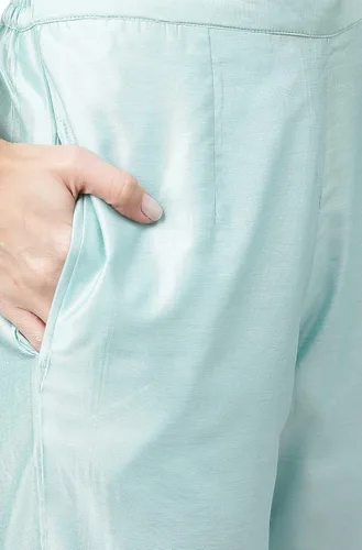 Vista 9 de Janasya Kurta de seda chanderi color verde mar para mujer india con pantalón y dupatta