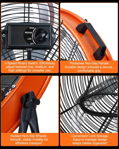 Vista 7 de JVO Ventilador de tambor de piso industrial de 24 pulgadas, ventilador de piso de alta velocidad de 9500 CFM con 8 aspas y ventilador grande de 3