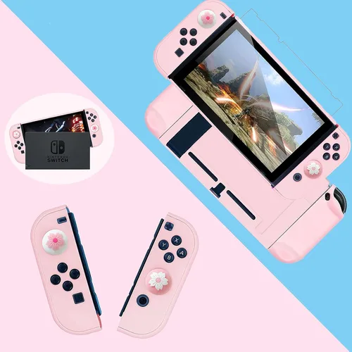 Vista 5 de Sakura - Kit de accesorios de transporte de viaje rosa, funda de transporte rosa compatible con Nintendo Switch. Funda protectora rígida rosa