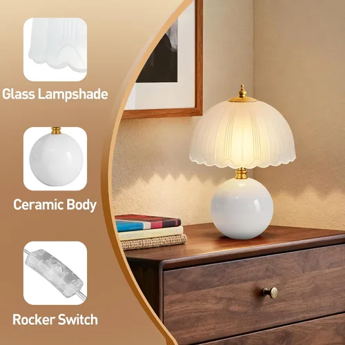 Vista 4 de PARTPHONER - Lámpara de mesa de hongo, lámpara de mesita de cerámica con pantalla de vidrio, iluminación de 3 vías (2700K-5000K) con interruptor
