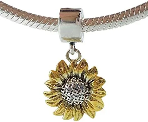 Vista 2 de BOLENVI Abalorio de plata de ley 925 con diseño de girasol dorado para pulseras o collares similares Plata esterlina Sin gemas