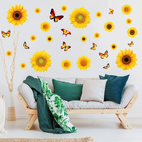 Vista 6 de Tenare 116 calcomanías de pared de girasol, calcomanías de mariposa 3D, autoadhesivas, girasol, flores amarillas, mariposa, impermeable, decoración