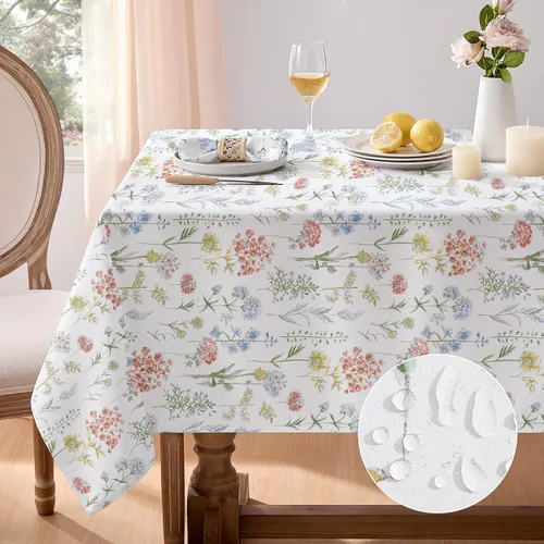 Vista 8 de Softalker Mantel rectangular de primavera, mantel de Pascua impermeable con flores silvestres, resistente a las manchas, sin arrugas, mantel floral
