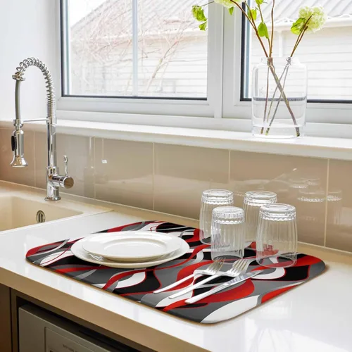 Vista 7 de Tapete de secado de cocina para mostrador de líneas abstractas 3D en negro, absorbente, plegable, de microfibra, color rojo, blanco, gris
