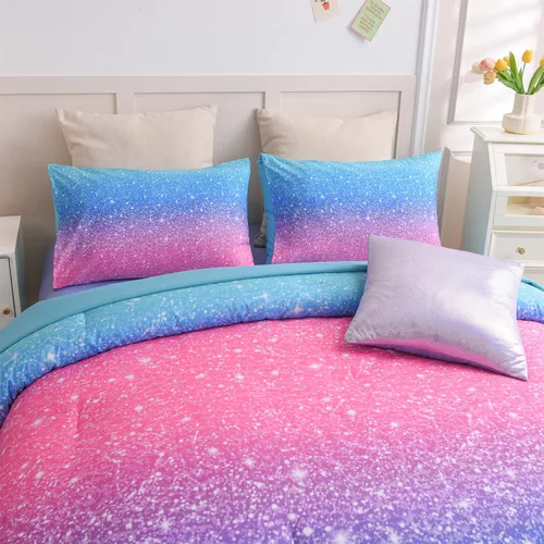 Vista 8 de A Nice Night Juego de ropa de cama de 6 piezas con purpurina degradada para niñas, tamaño completo, juego de edredón colorido de galaxia arcoíris